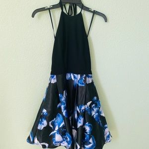 Blue and black floral homecoming dress